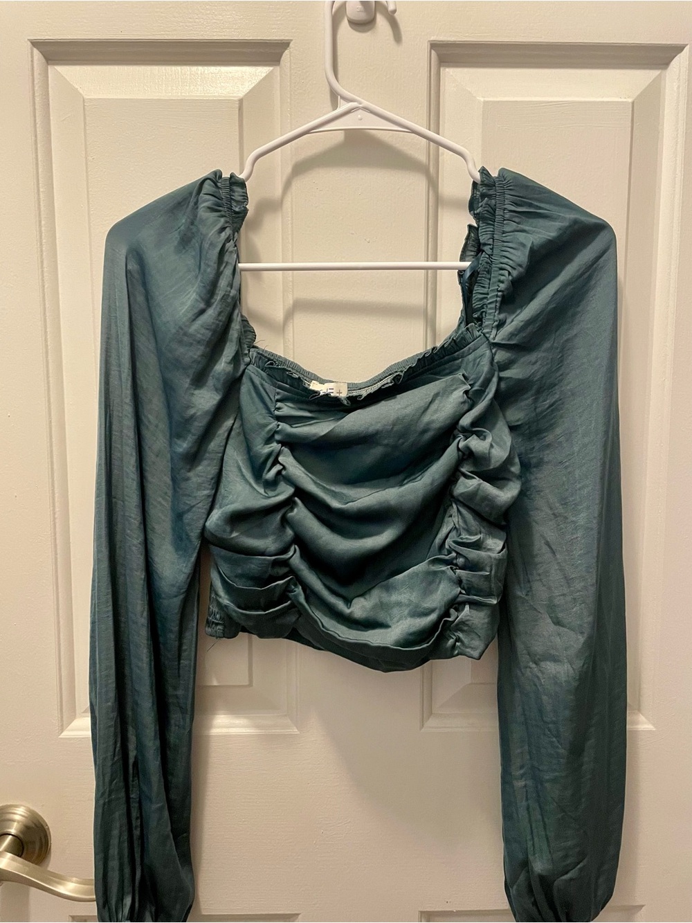 She + Sky Teal Green Ruched Long-Sleeve Crop Top
